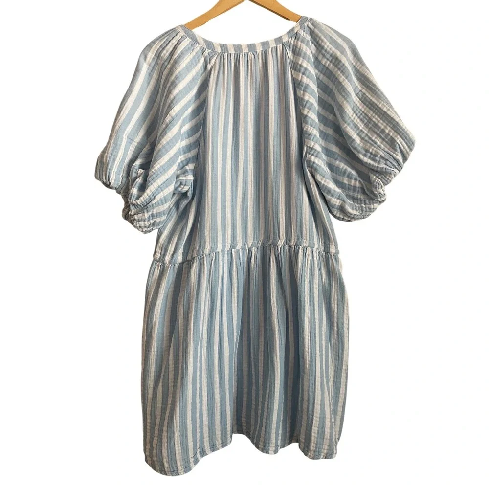 Old Navy Powder Blue Striped Gauze Cotton Puff Sleeve Button Front Dress Large - Picture 7 of 9